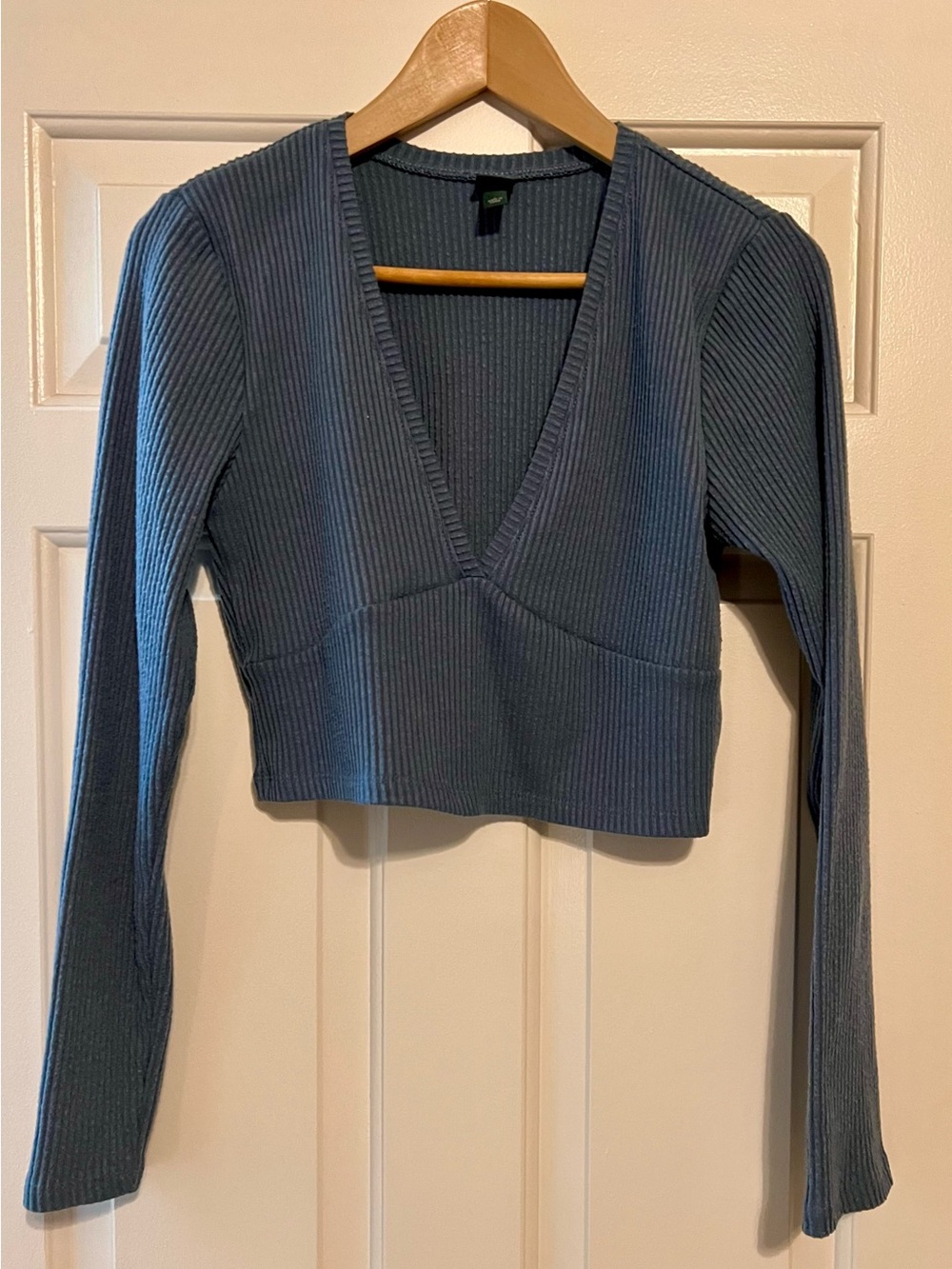 Wild Fable Slate Blue Plunging V-Neck Ribbed Long Sleeve Crop Top - Size L